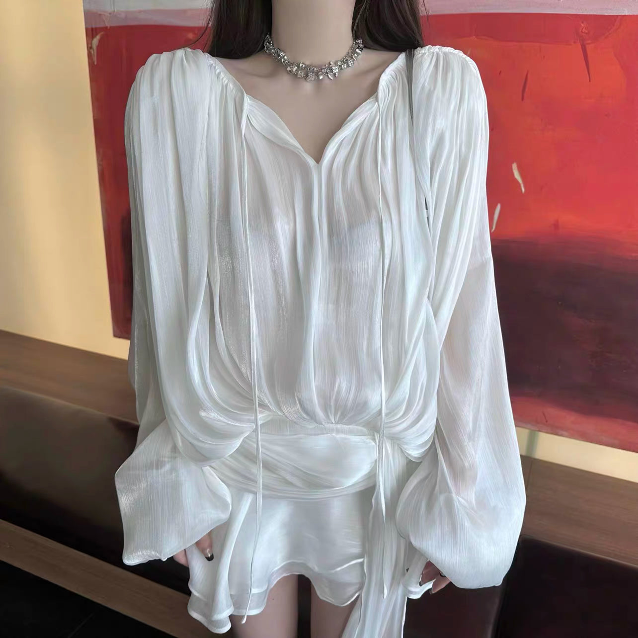 Sheer Glow Tie-Neck Mini Dress