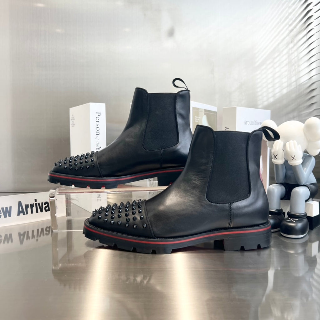 Black Cowhide Boots with Front Studs