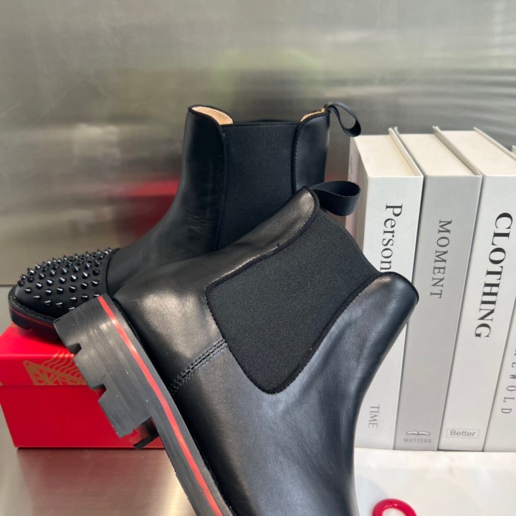 Black Cowhide Boots with Front Studs